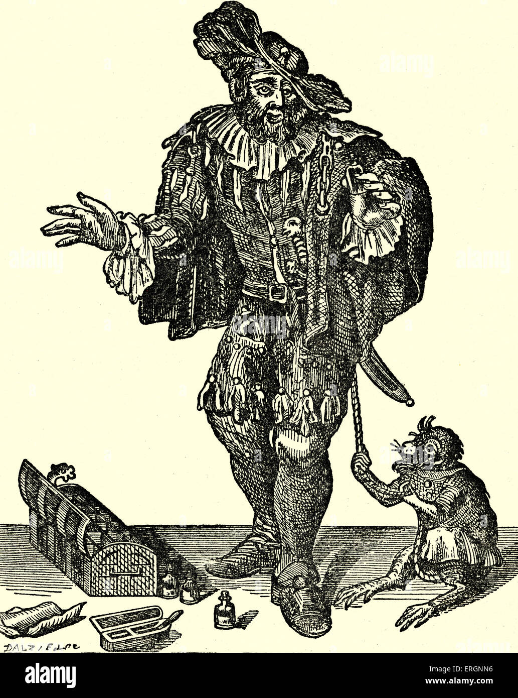 17th Century Mountebank of the English Fairs. Unscrupulous salesman peddling quack medicines, mountebanksalso included various Stock Photo