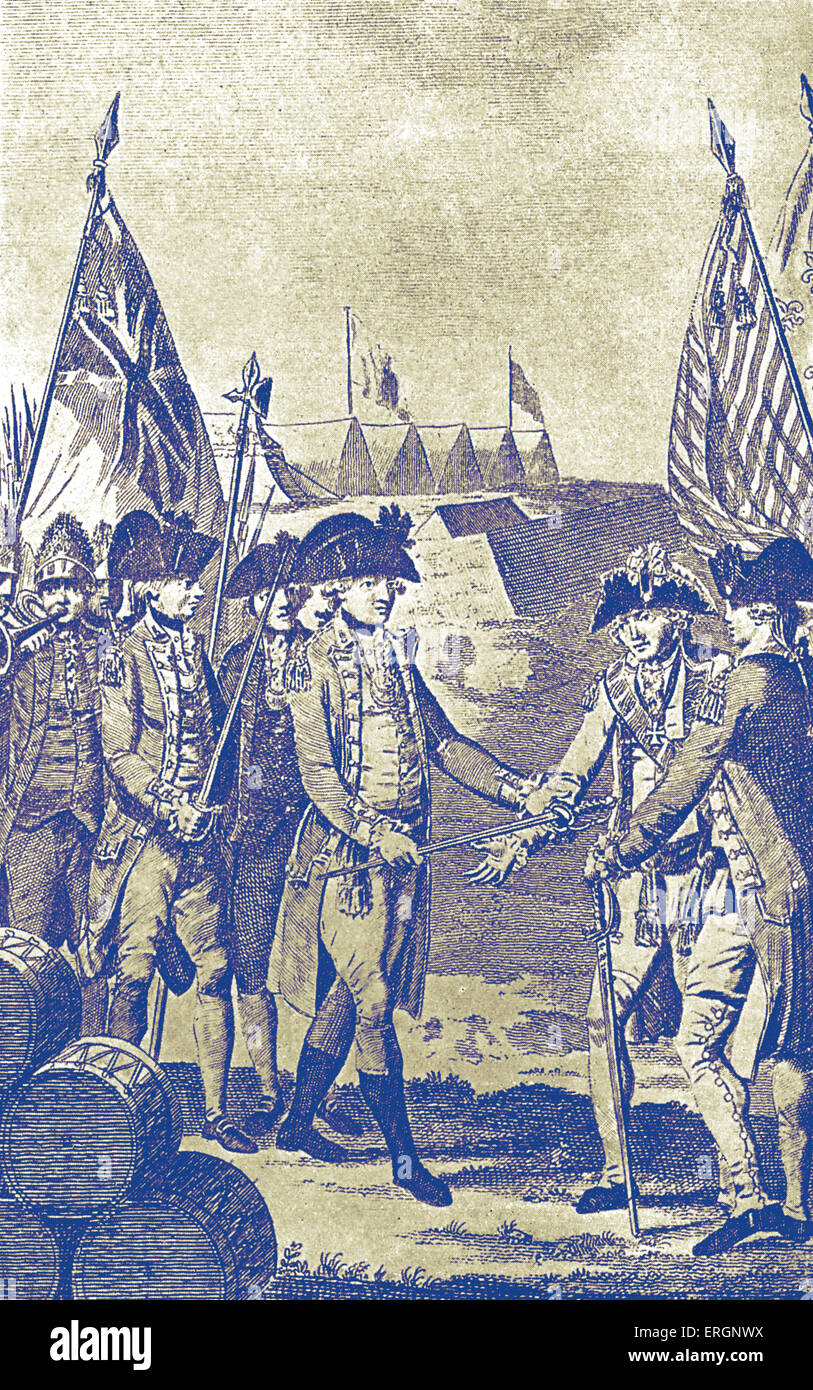 Surrender of Lord Cornwallis at Yorktown. British General Charles Cornwallis surrenders to combined French and American forces Stock Photo