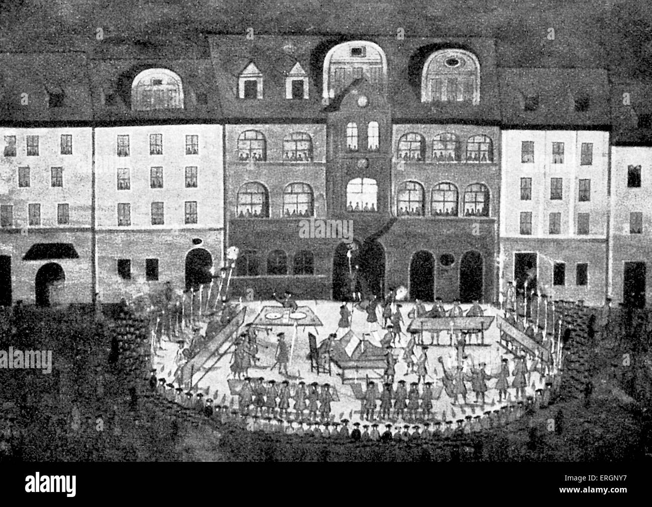The old student music college in Jena perform in front of a home on Johannistrasse around 1744. Stock Photo