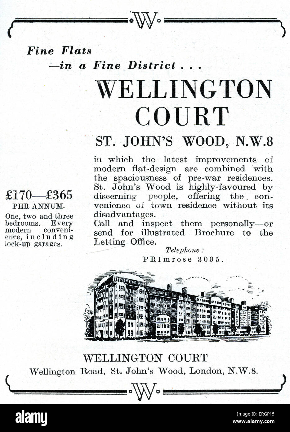 Advertisement for Wellington Court, St Johns Wood NW8. Flats to let in mansion block built before World War Two. Advert reads: ' Fine flats in a fine district..Wellington Court St John's Wood, NW8 in which the latest improvememnts of modern flat design ae combined with spaciousness of pre-war residences, St John's Wood is highly-favoured by discerning people…£170 - £365 per annum One, two and three bedrooms. Every modern convenience including lock-up garages.' Stock Photo