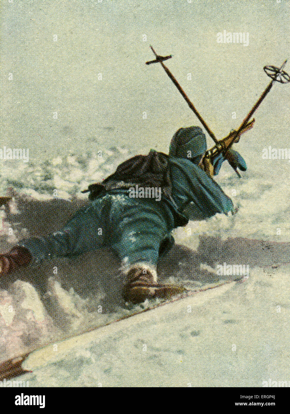 French  alpinist soldier in position for firing using crossed ski poles as a gun holder.  (Source: Cigarette cards published in Stock Photo