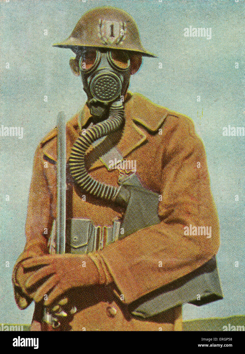 Gas masks: American infantryman with steel helmet, bayonet attached, and gas mask.   (Source: Cigarette cards published in Stock Photo