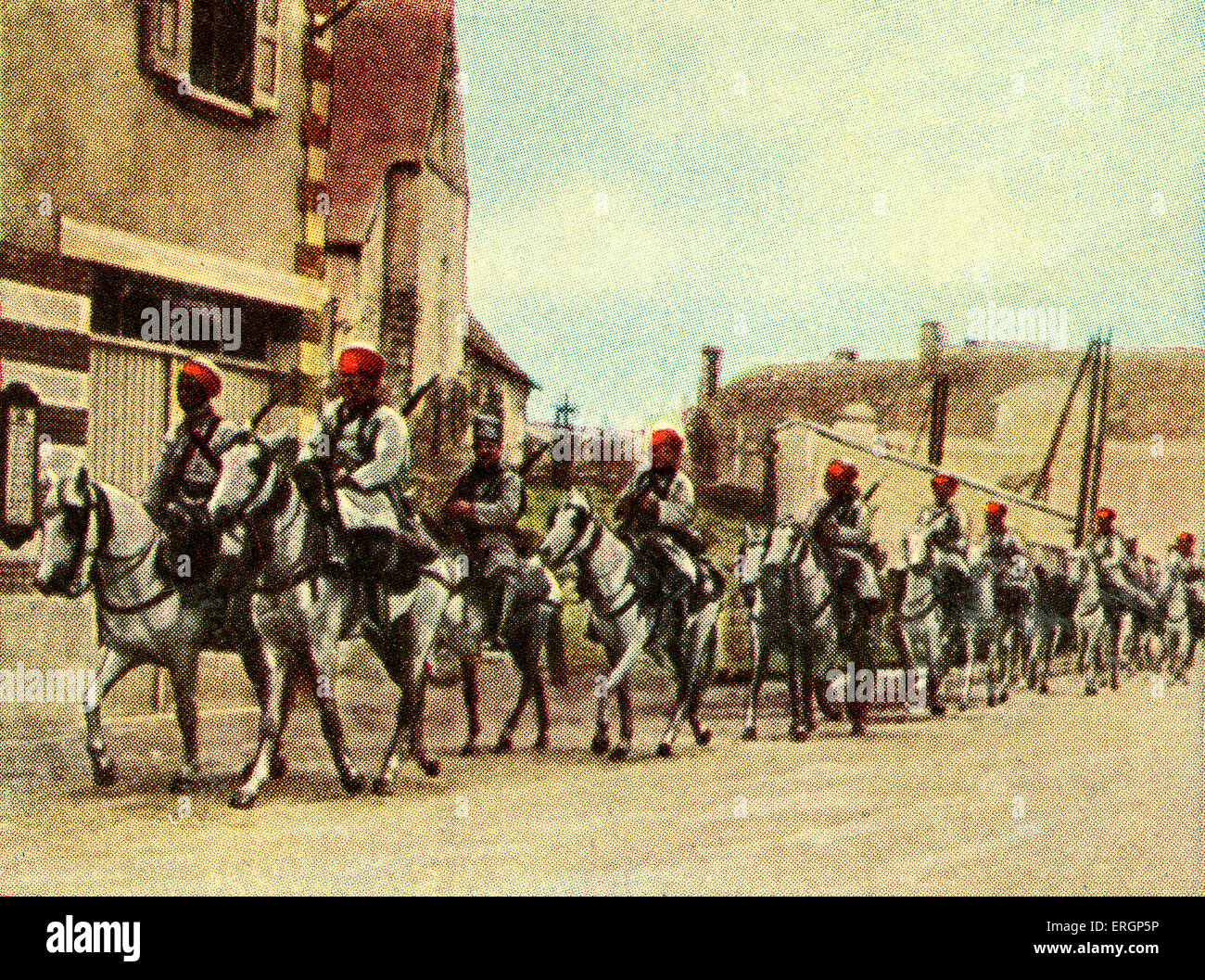 French north African troops on horse  (cavalry?) - Caption reads: -renowned for their endurance and skill with weapons. Stock Photo