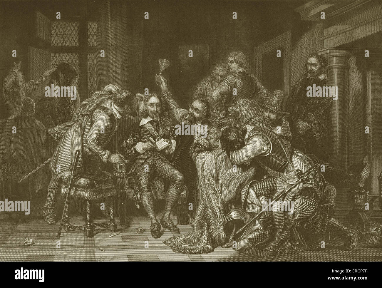 Charles I Insulted by Cromwell's Soldiers, after the painting by Paul Delaroche. Charles I (1600-1649) King of England, Scotland and Ireland from 27 March 1625 until his execution in 1649. PD: French painter, 17 July 1797 – 4 November 1856. Stock Photo