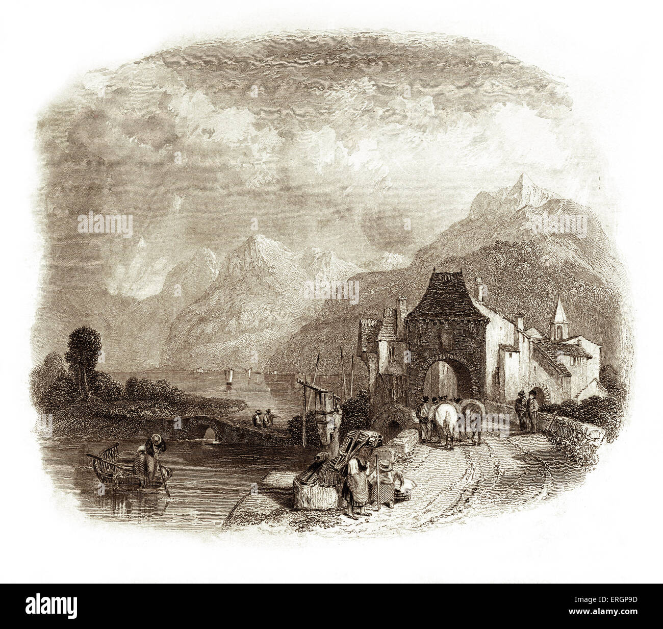 Approach to the Lake Geneva, Villeneuve, Switzerland. 19th century scene. After the engraving by E.Finden, after the drawing by Stock Photo