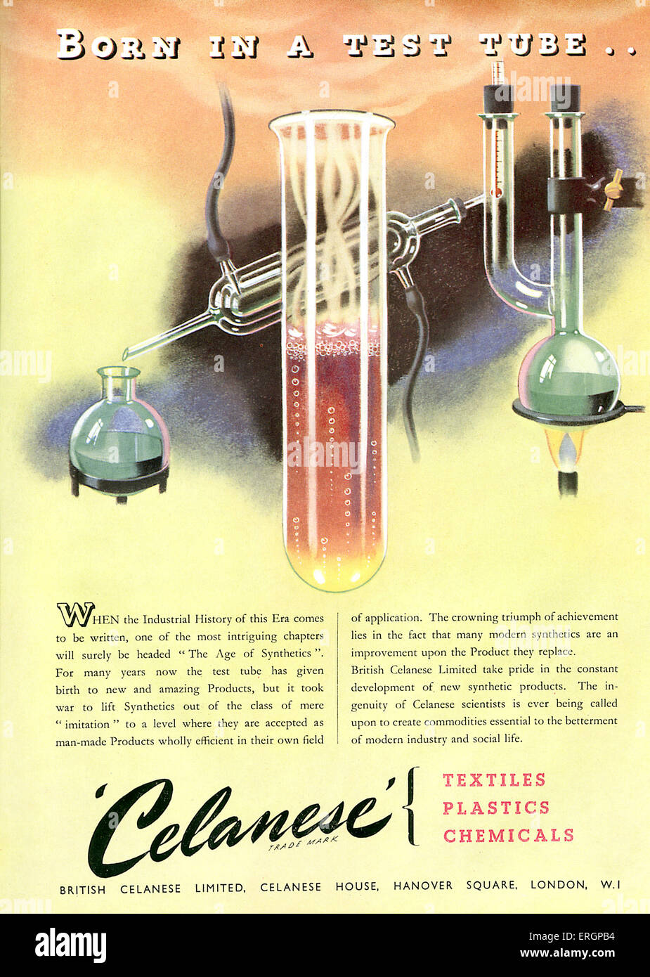 1946 advertisment celebrating synthetic product development: 'Born in a test tube…' . For British Celanese Ltd. Textiles, Stock Photo