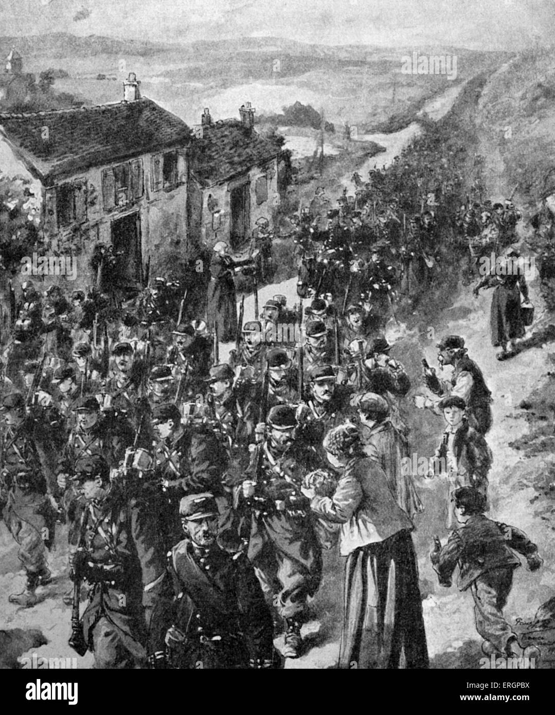 French soldiers marching to the front pass through a village and are offered refreshments from women and elders. North East Stock Photo