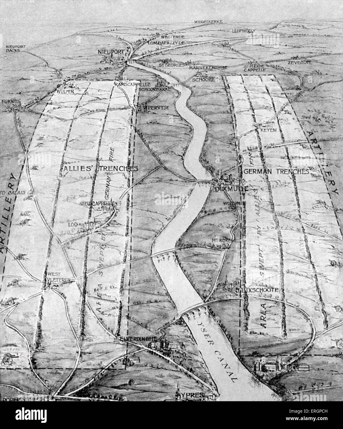 Map showing the deadlock between the Allied and German forces along the Yser canal, Stock Photo