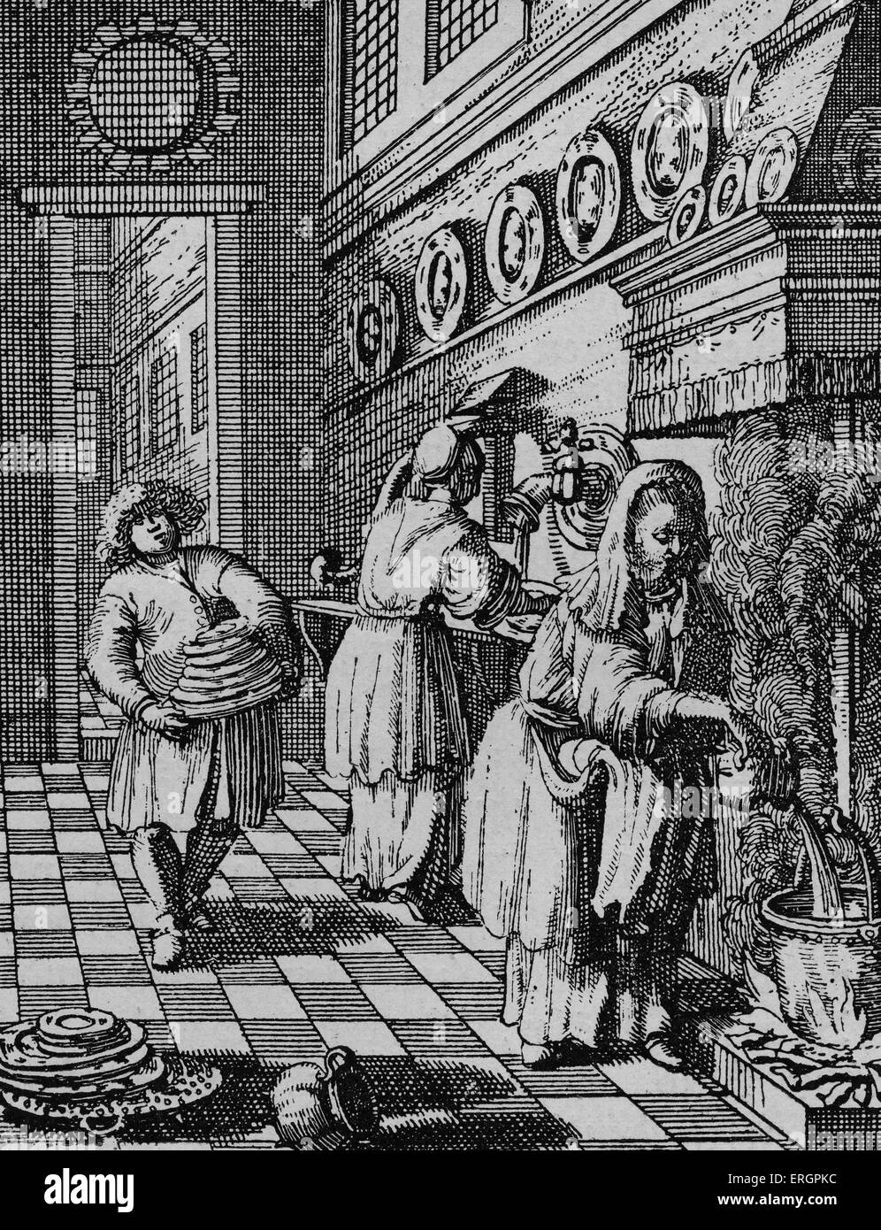 Preparing for festival of Passover. Pouring boiling water over the dishes. Engraving from Utrecht 1657 Stock Photo