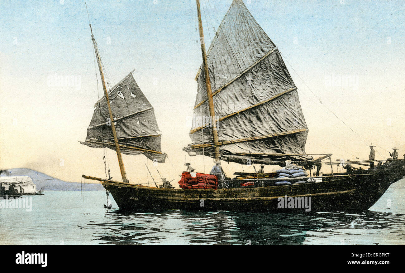 Chinese junk ship. Early 20th century. China, Hong Kong under British administration. Stock Photo