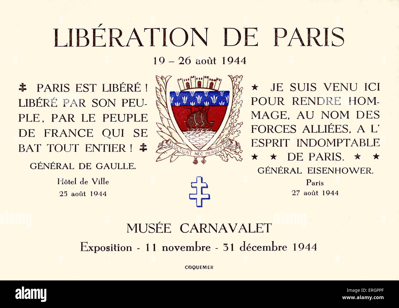 WWII - Liberation of Paris. Postcard promoting an exhibition about the Liberation of Paris (19-26 August 1944), at the Musee Stock Photo