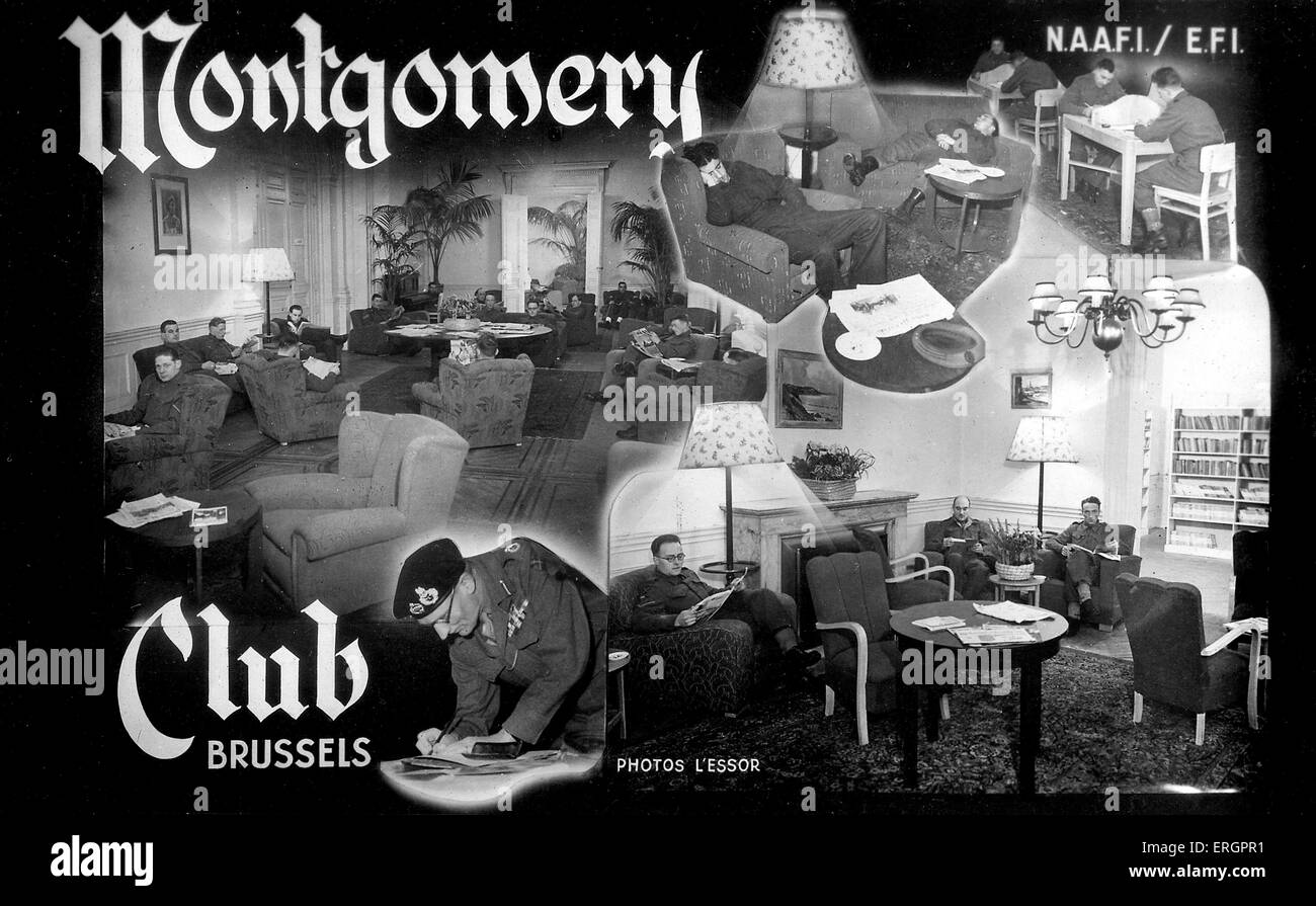 WWII - Advert for the Montgomery Club, Brussels. A NAAFI (Navy, Army and Air Force Institutes) run recreational establishment for British servicemen. Stock Photo
