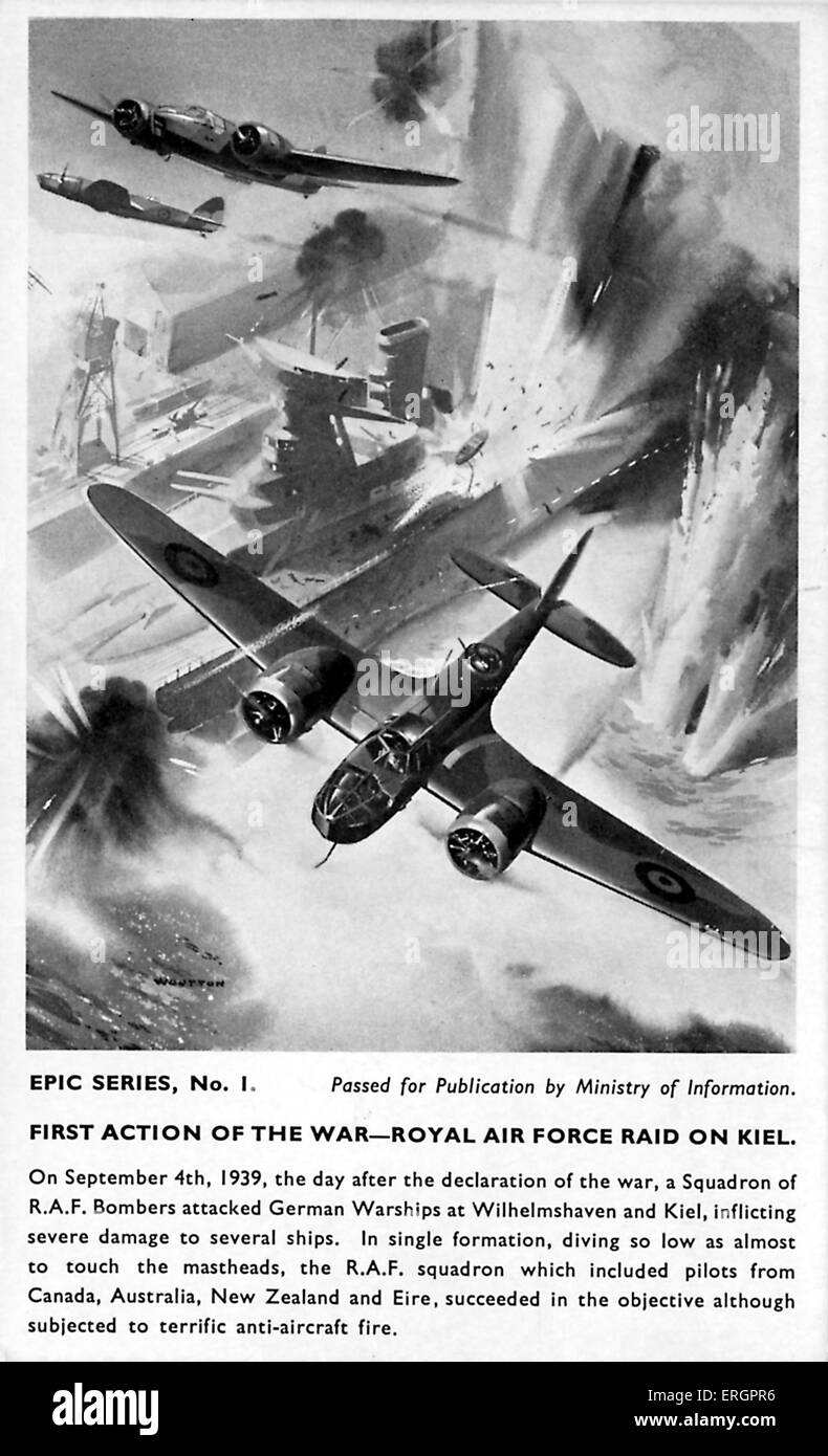 WW2 - First action of the war, Royal Air Force raid on Kiel, Germany, 4 September 1939. Postcard passed for publication by the Stock Photo