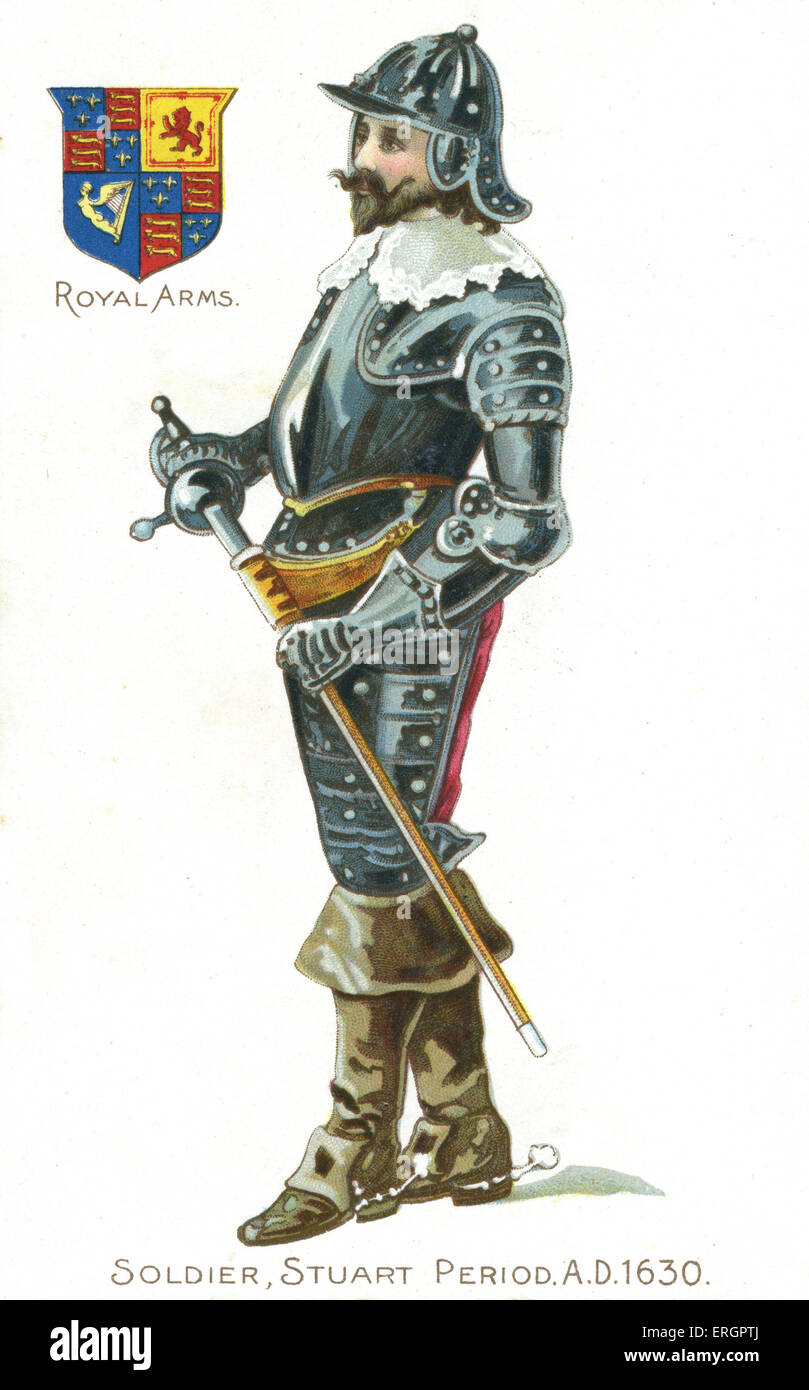 English Soldier, 1630. Soldier from the Stuart period, carrying a sword in a case and wearing a broad lace collar, body armour, Stock Photo