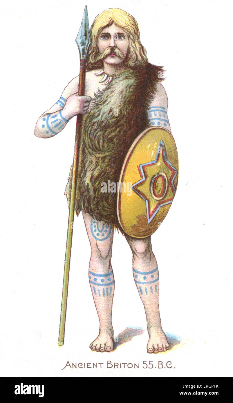 Ancient Briton 55BC. British man in typical dress at the time ofJulius Caesar 's invasion of Britain. He is tatooed and carries Stock Photo