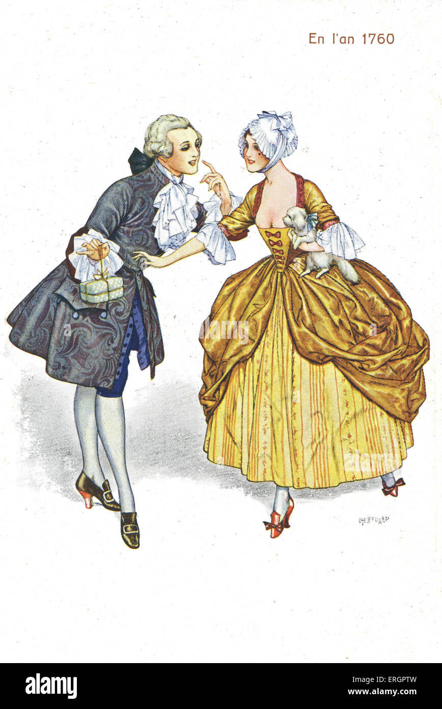 French Fashion, 1760. Upper class couple clothed in sumptuous fabrics. The man wears a brocade jacket, a frilled shirt with lace cuffs, buckled silk shoes and a wig adorned with a large bow. The woman wears a corseted top with a full skirt, silk shoes and a lace and ribbon hat. She is also carrying a dog wearing a ribbon necktie. stays (corset) provide a narrow waisted figurre Stock Photo