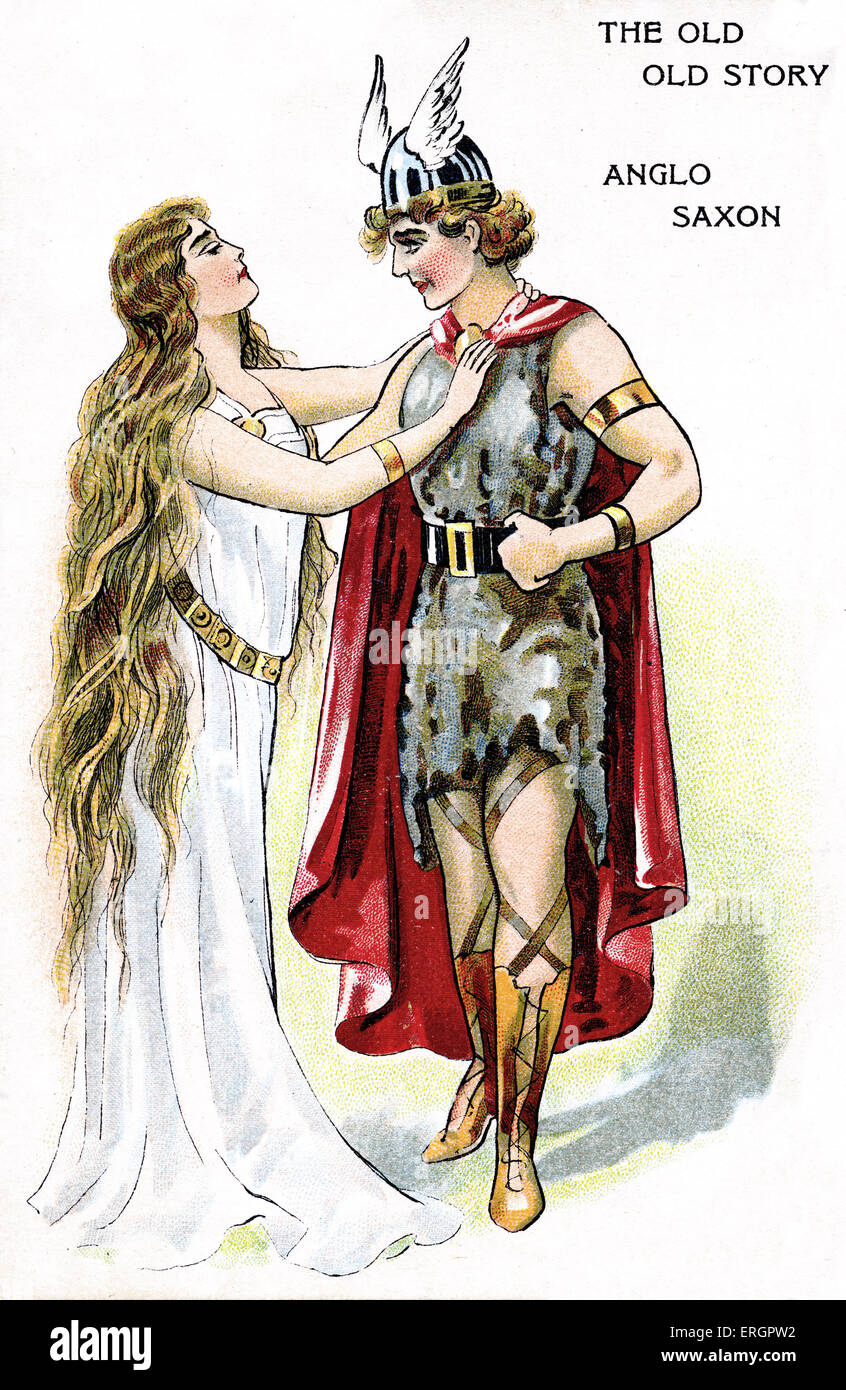 Fantastical illustration of an Anglo Saxon warrior wearing a winged helmet, cape and fur dress. A woman in a flowing dress Stock Photo