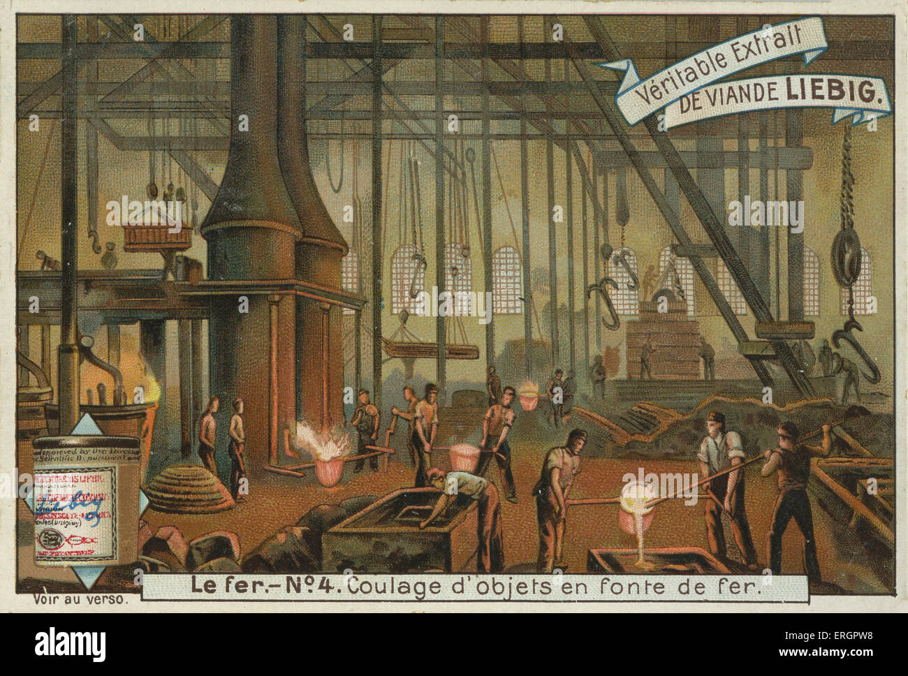 Casting iron objects, ironworks scene. Workers pour liquid iron into moulds. From a recipe card for Liebig 's Extract of Meat. Stock Photo