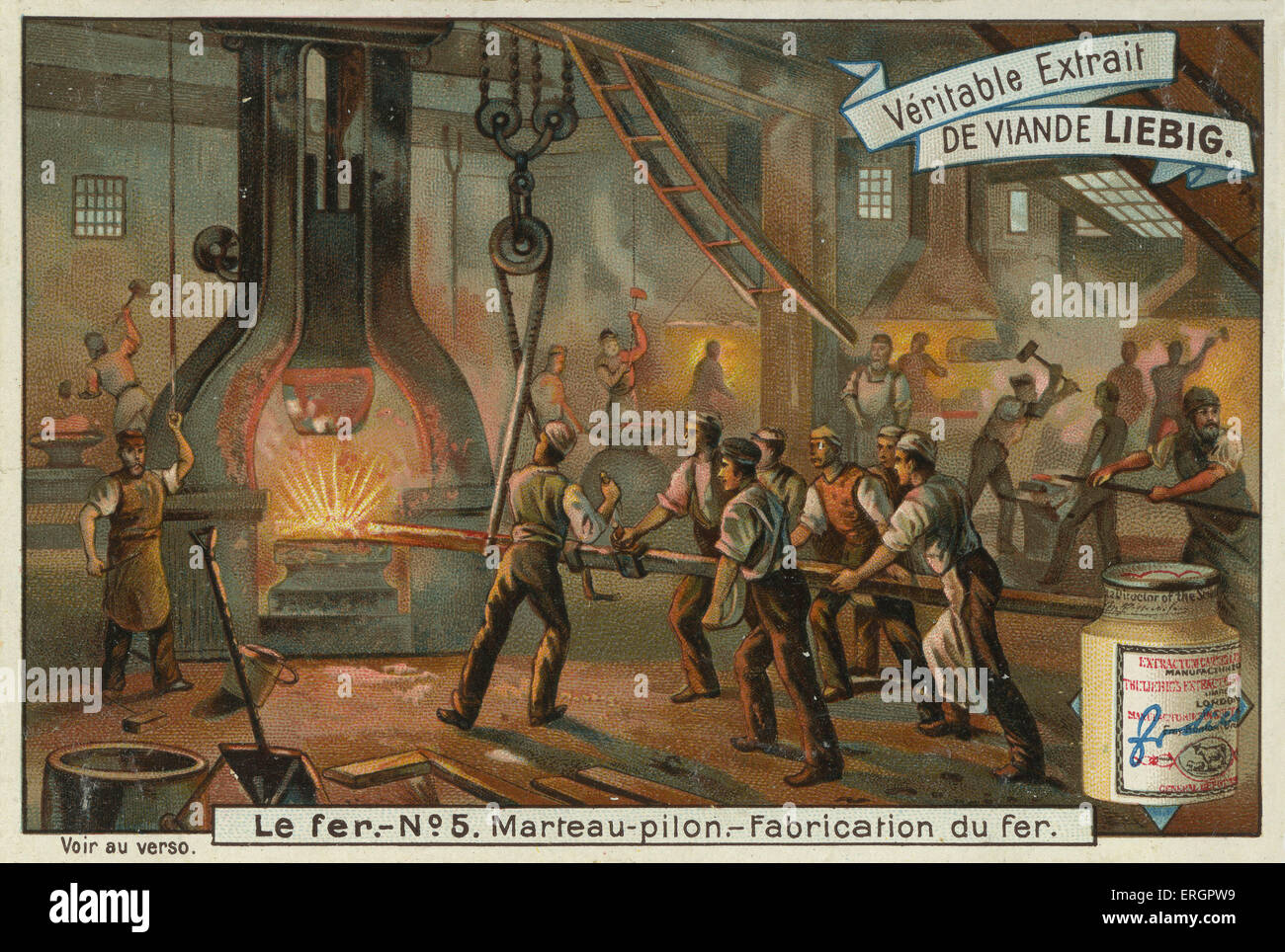 Forging iron, ironworks scene. Workers use machinery to shape iron objects. From a recipe card for Liebig 's Extract of Meat. Stock Photo