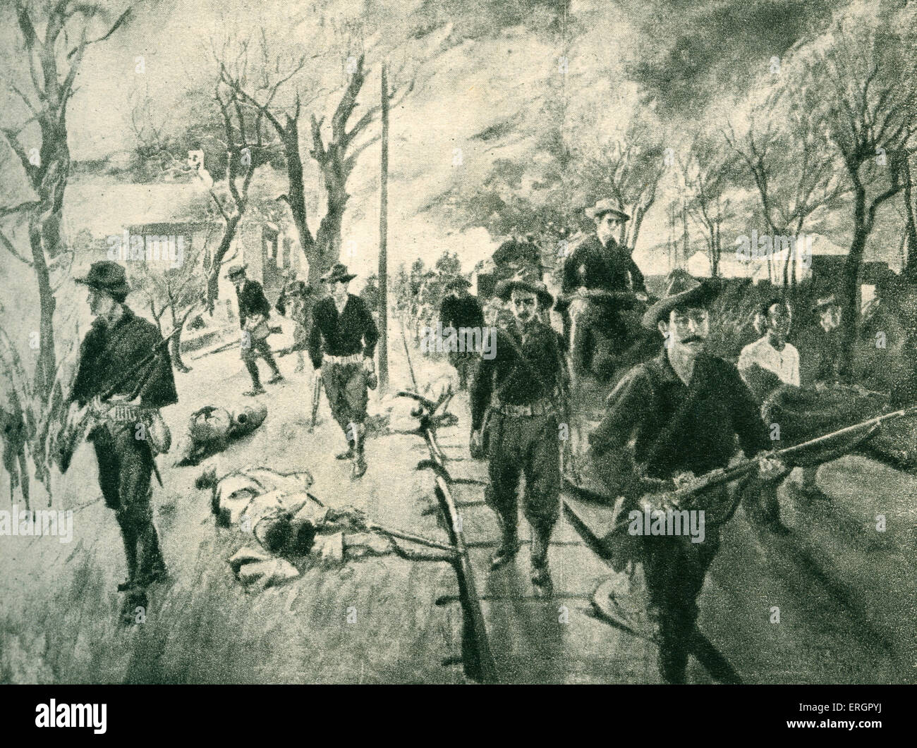 Beginning of hostilities in Manila - American soldiers carrying guns march through the streets. Battle of Manila, the first and largest battle fought during the Philippine–American War, 4-5 February 1899. After the drawing by G.W. Peters. Stock Photo