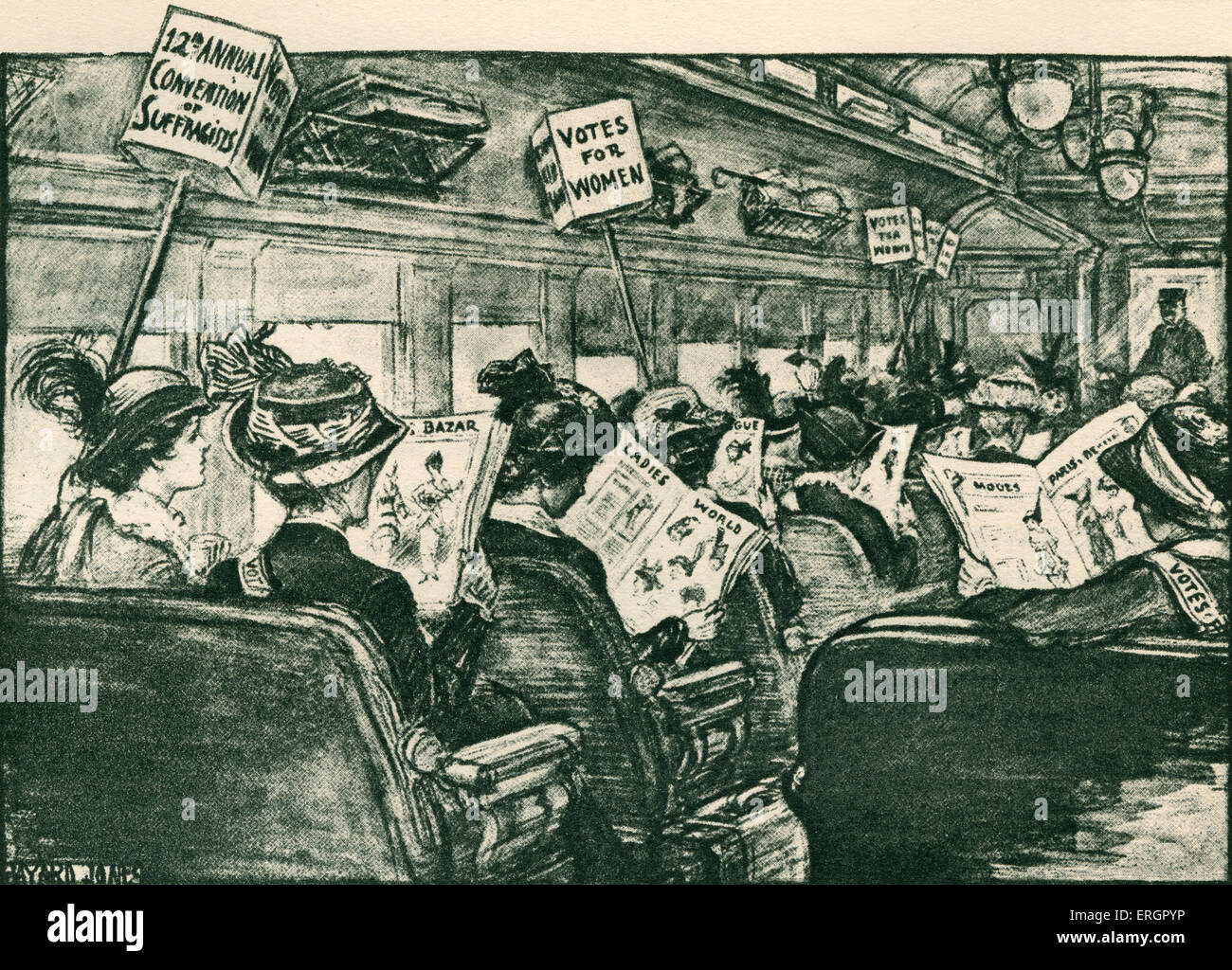 Group of suffragettes travelling on a bus to the '12th annual convention of Suffragettes'. The women carry placards stating Stock Photo