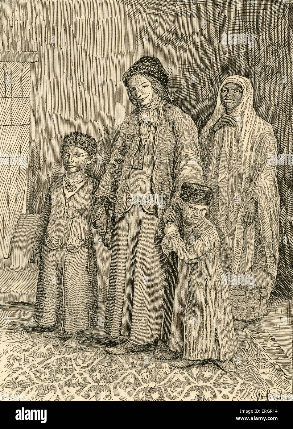 Crimean Karaite mother and children in traditional dress. After the illustration from 'Historical Russia' by Artamof, 1862. Stock Photo
