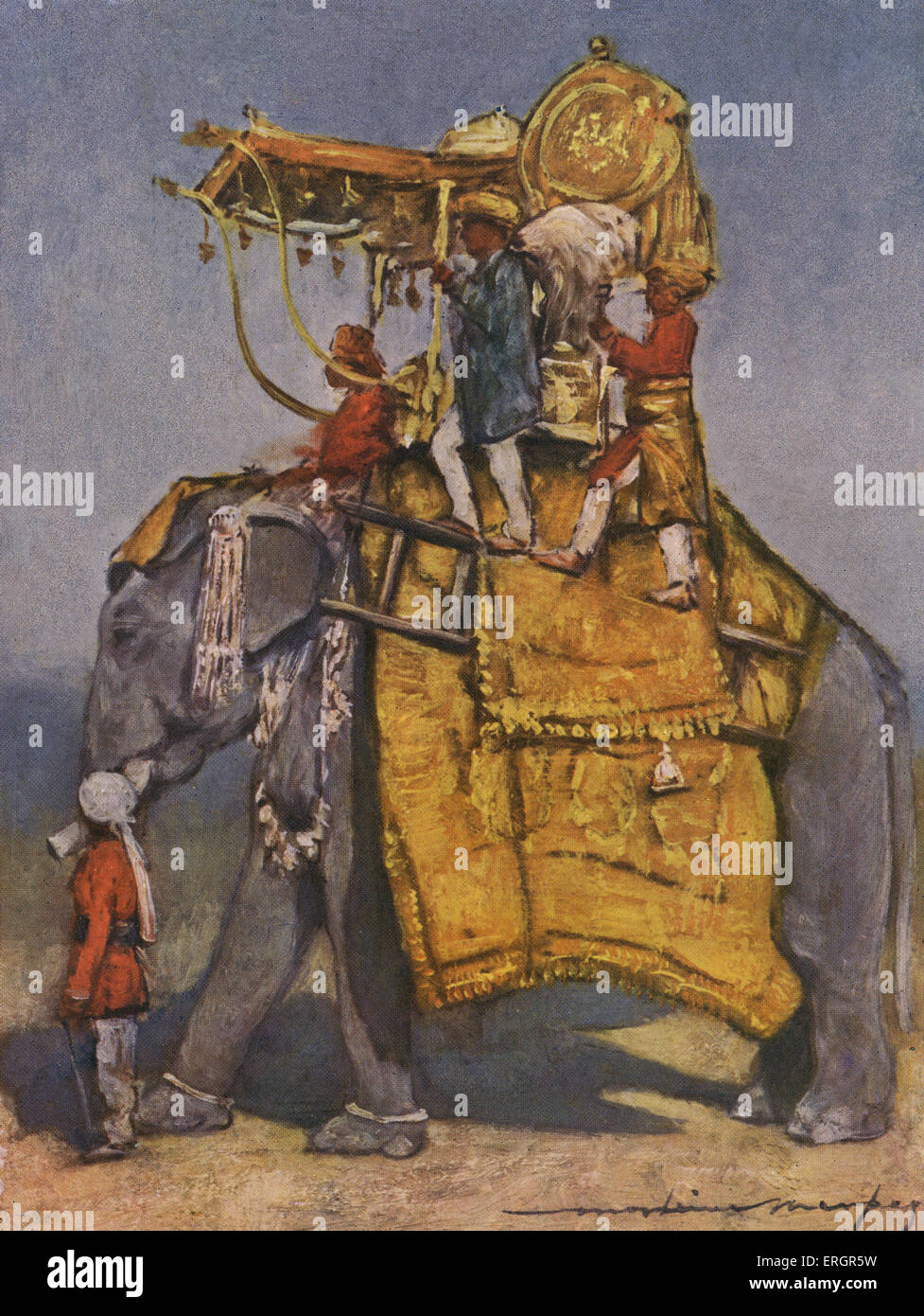 Indian state elephant -  three men riding an elephant adorned with a decorative headpiece.(Australian artist Mortimer Menpes Stock Photo