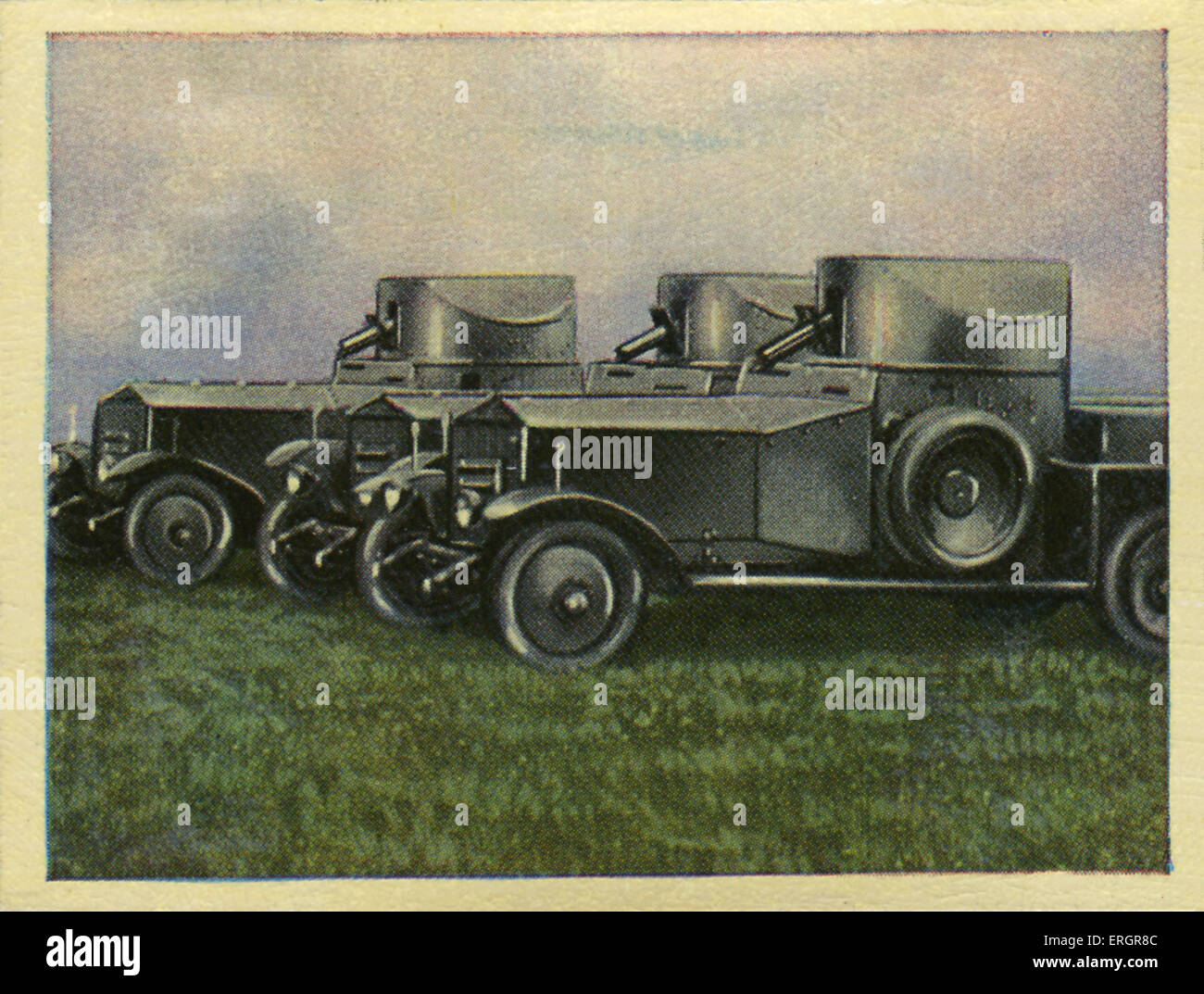 English / British Rolls Royce street tank M.20 with four man crew. Weapons - Vickers machine gun MG installed in rotating tower on the tank. Speed up to 80 kilometres per hour. (Source: Cigarette cards published in Germany c.1934 reviewing military equipment in arms race prior to WW2) Stock Photo