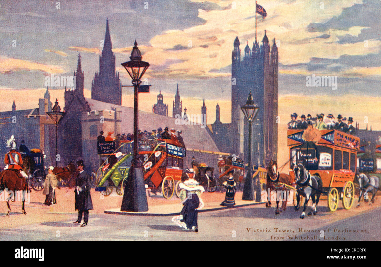 London scene, late 19th century, with horse drawn omnibuses.  Caption reads, 'Victoria Tower, Houses of Parliament, from Stock Photo