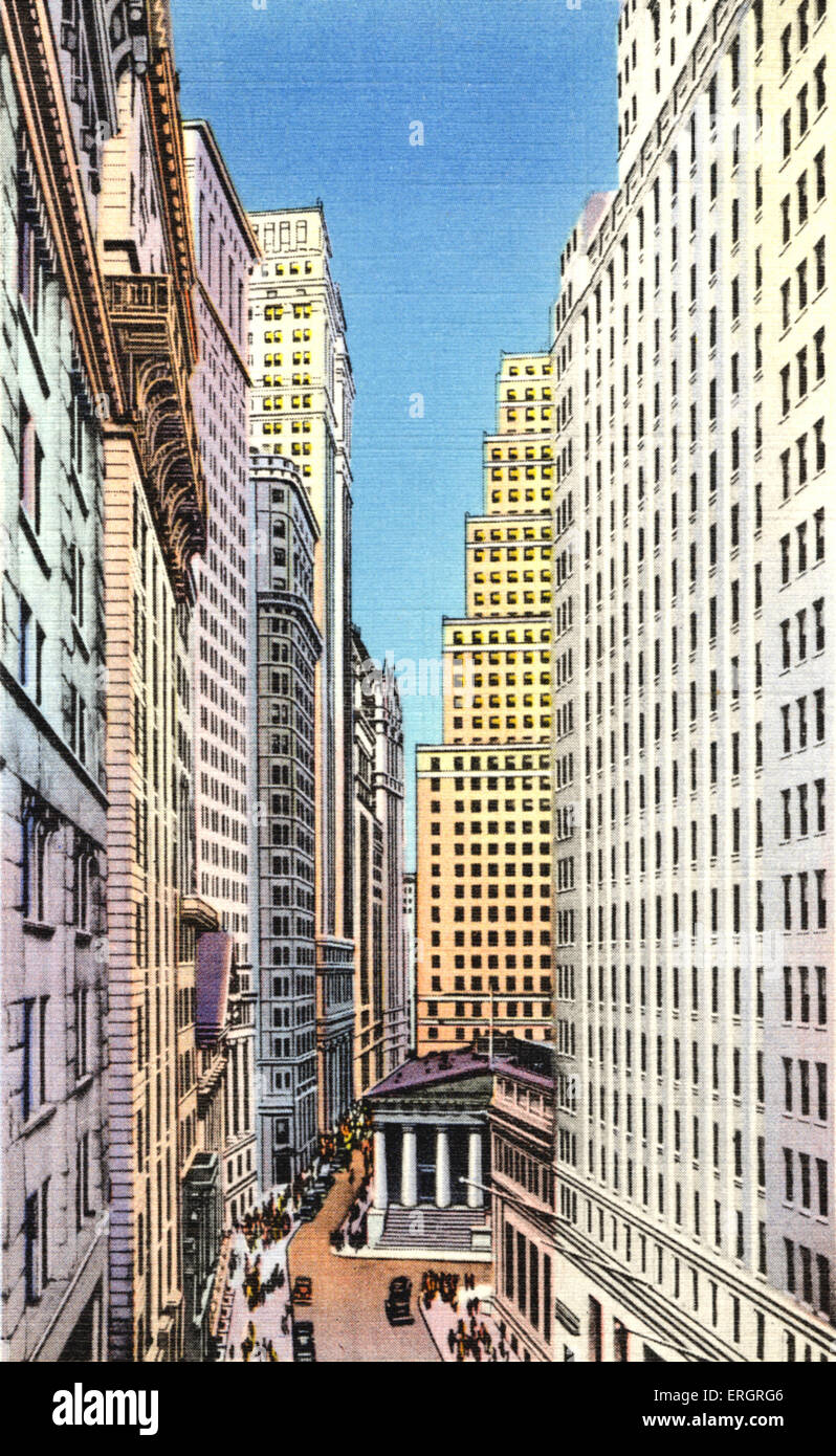 Broad, Wall and Nassau Streets, New York City, in the 1920s. Financial centre. Stock Photo