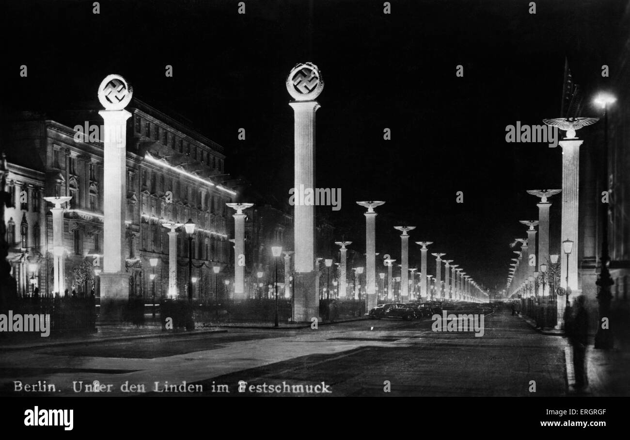 Unter den Linden, Berlin, with Nazi colonnade. columns, decorations.  During Third Reich (Dritte Reich). Stock Photo