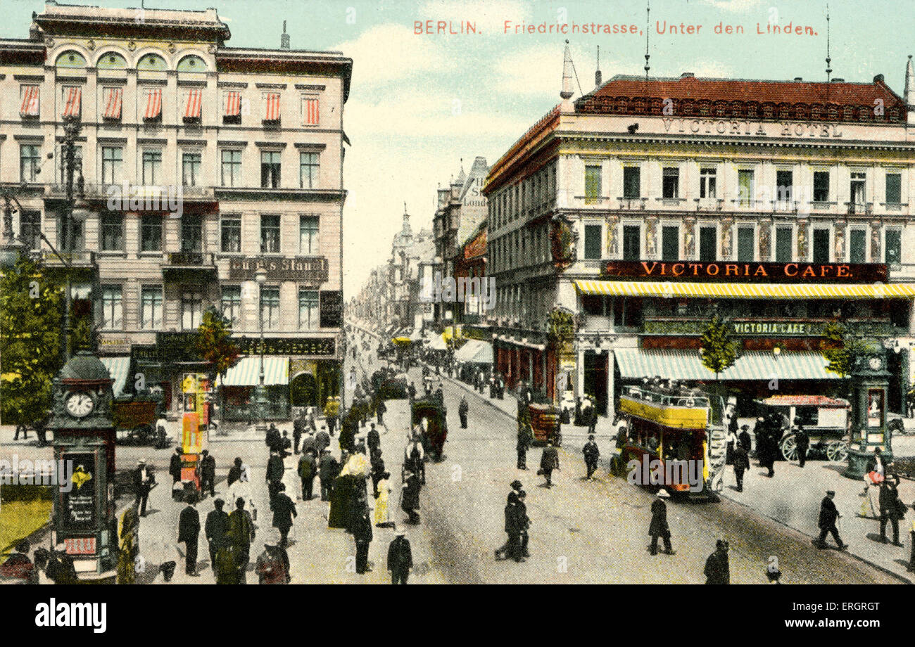 Berlin, Germany  - Unter den Linden at the corner of Friedrichstrasse. Street scene, early 20th century. Stock Photo