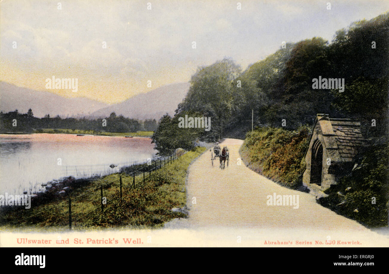 View of the Lake District with Ullswater and St. Patrick's Well. Pre World War I. Horse-carriage on path. Mountains. Rural Stock Photo