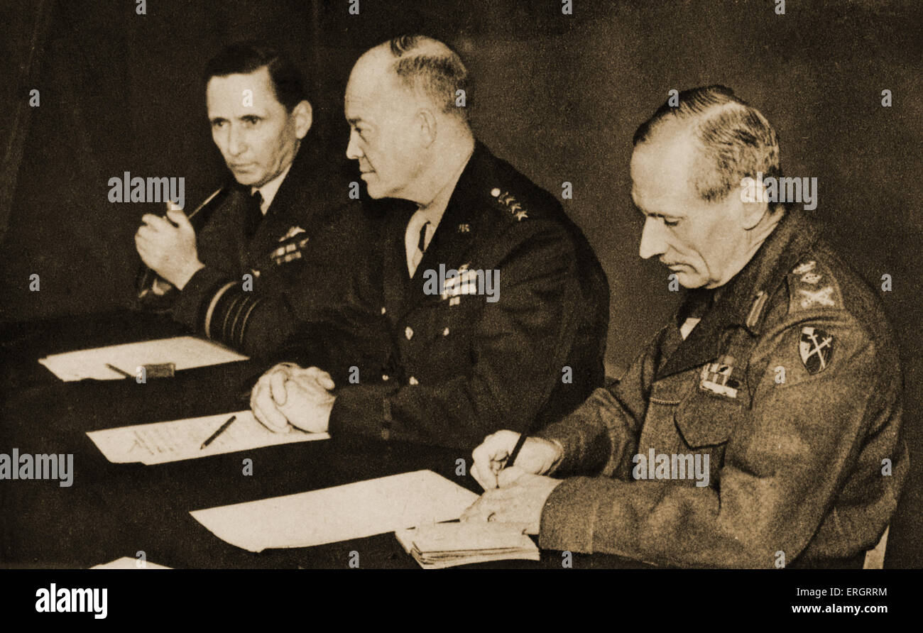Allied Leaders: Air Chief Marshal Sir Arthur Tedder, General Dwight D. Eisenhower, and General Sir Bernard Montgomery. Stock Photo
