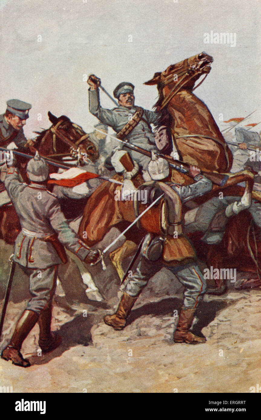 German infantry in battle with English cavalry. Shows early 20th century uniform War from German view. Stock Photo