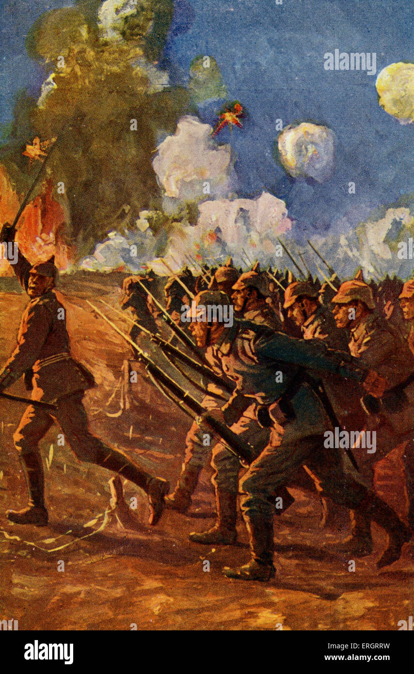 German infantry charging to battle under fire during World War I - painting showing soldiers in uniform. German postcard Stock Photo