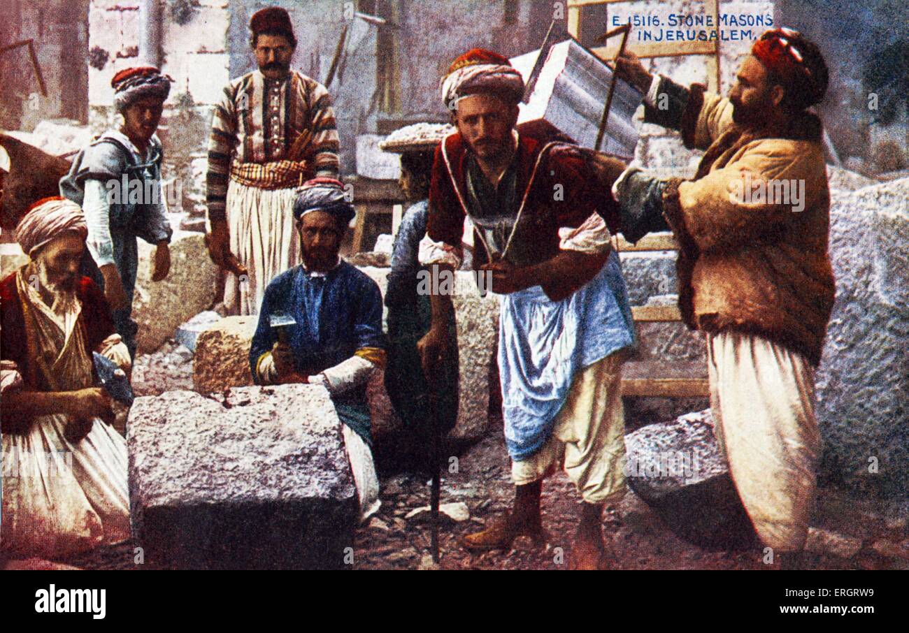 Stone masons in the old city of Jerusalem. Postcard produced for the London Society for Promoting Christianity amonst the Jews. Stock Photo
