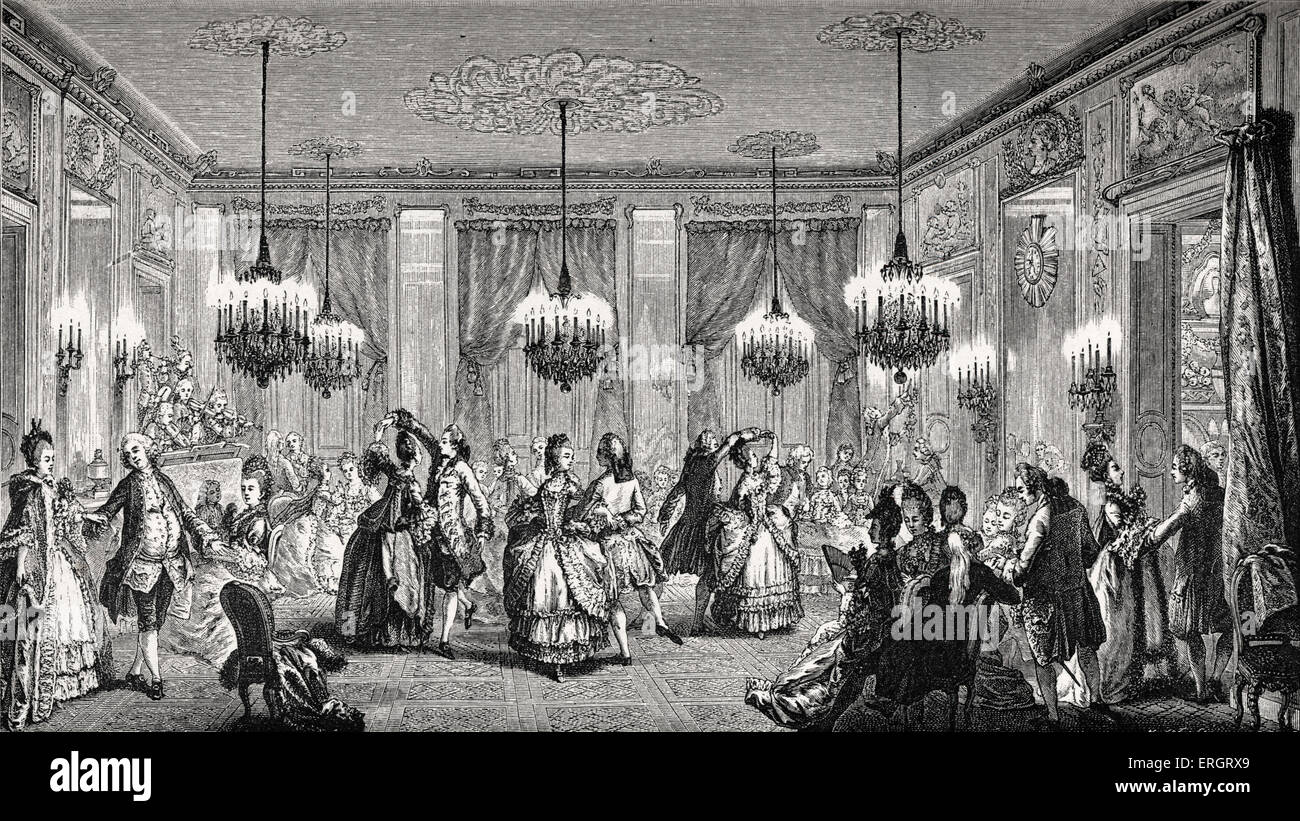 Fancy ball given during the reign of King Louis XVI in a bourgeois household. Couples dancing the minuet in 18th century fashion / costume. Rise of the middle class, aspirations to ariscratic standing. Louis XVI, 23 August 1754 - 21 January 1793, ruled 1774 - 1792. Stock Photo
