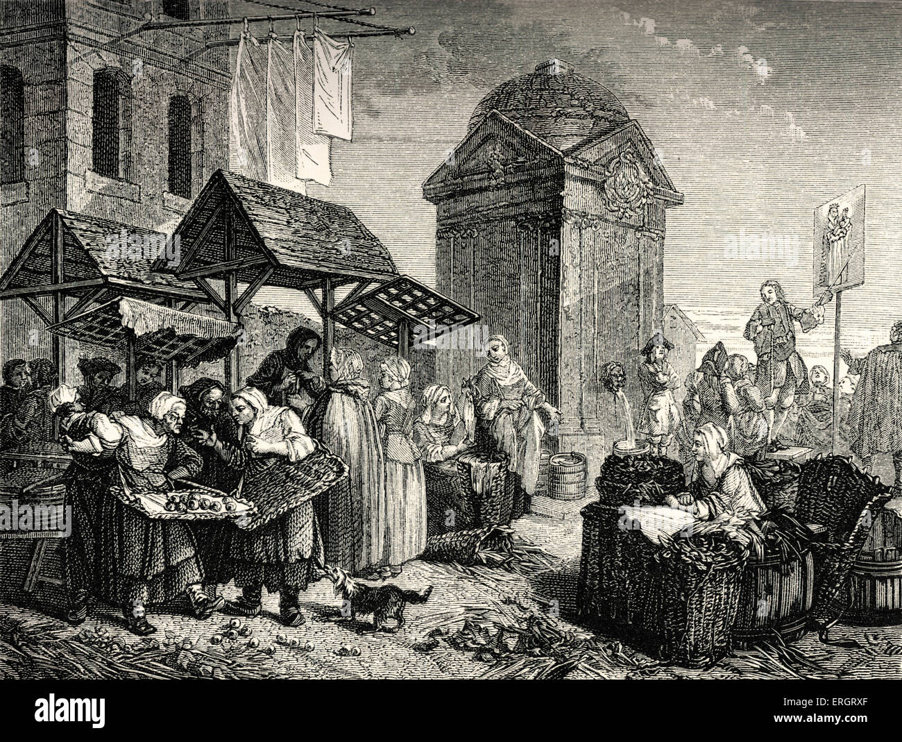 Marketplace in France mid18th century; daily life in 18th century Paris; rustic life, trading