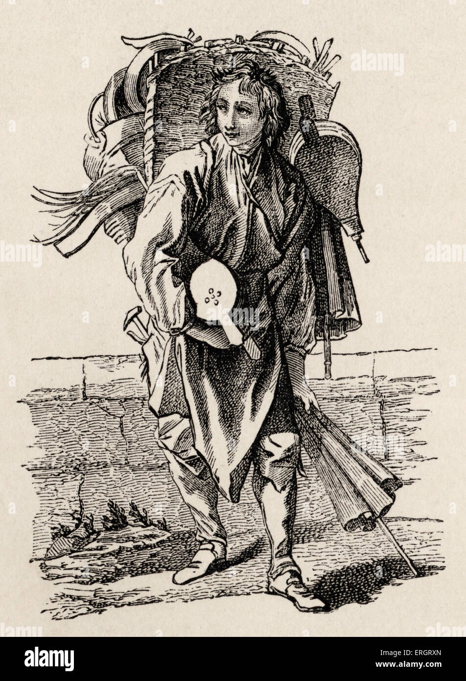 French 18th century bellows vendor.  Daily life in French history.  Costume, fashion.  Working class, poor, rustic, trade, Stock Photo