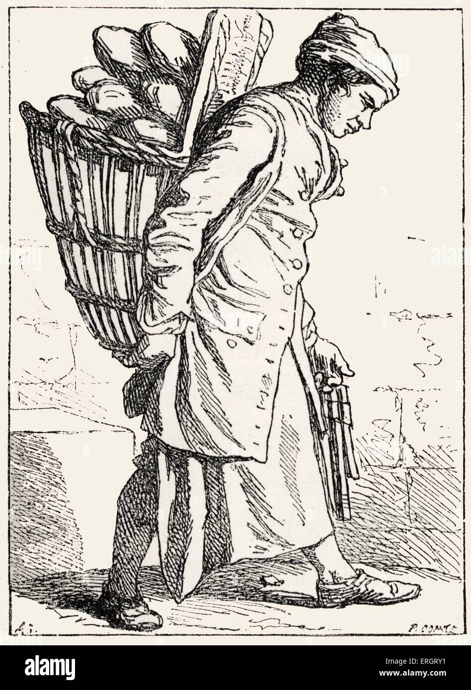 Daily life in French history baker delivering bread. Costume, fashion