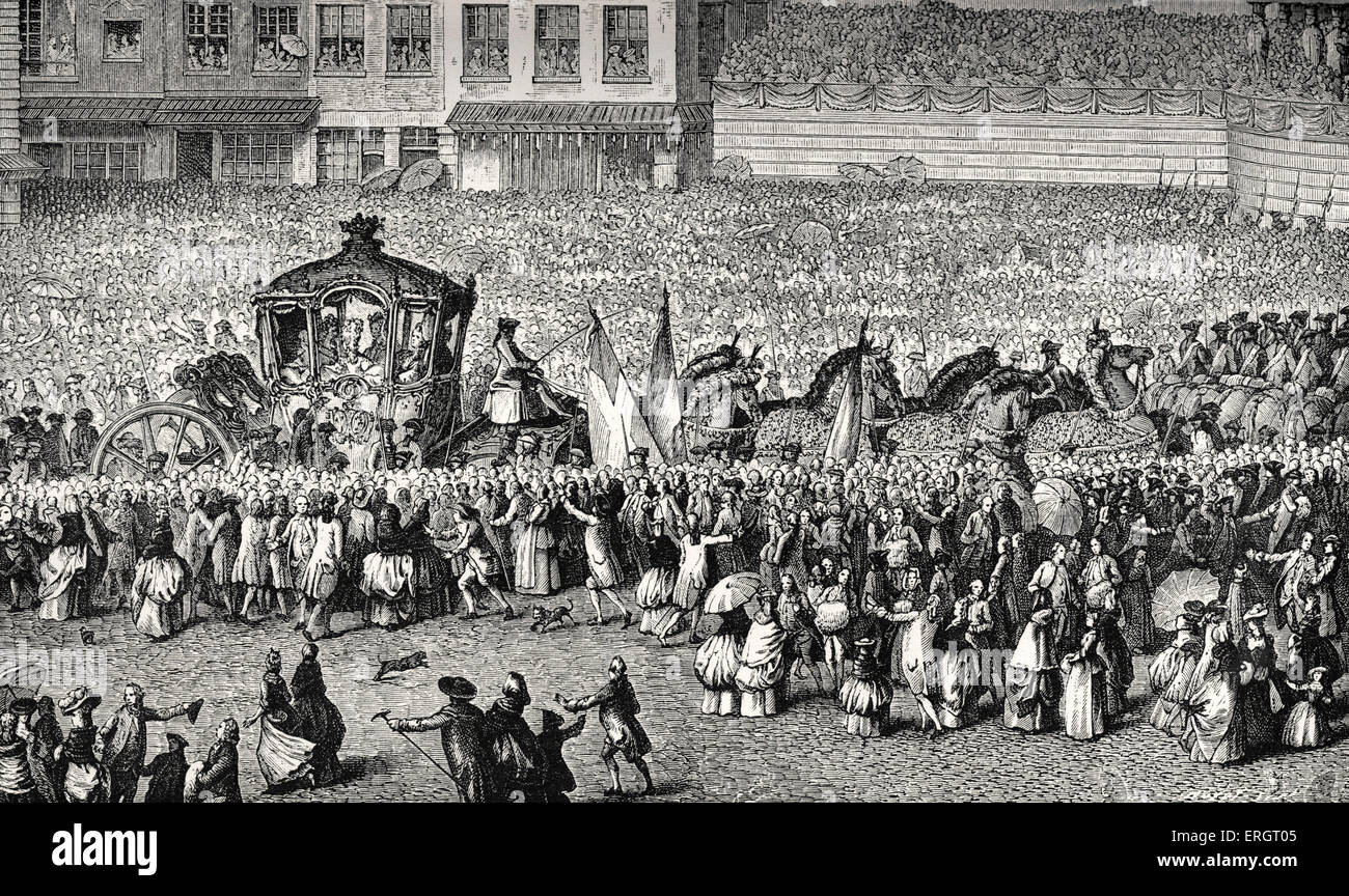 Daily life in French history: the Royal State Carriages going through Paris avenues, 1783. Monarchy parading through streets Stock Photo