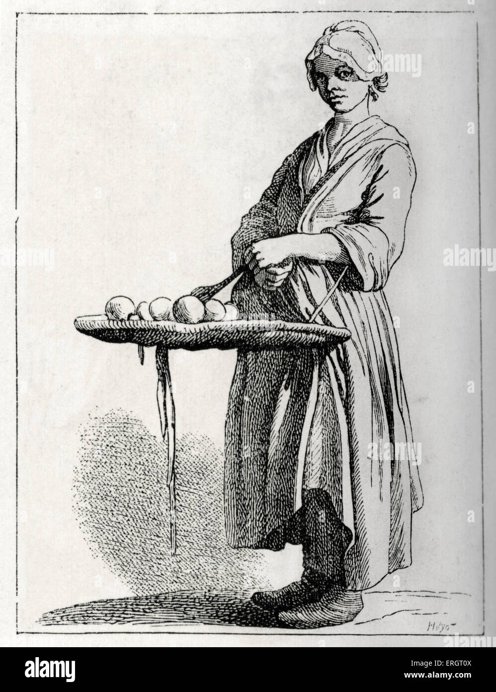 Daily life in French history: a fruit seller in 18th century Paris, France. Working class, poor, rustic, livelihood, during Stock Photo
