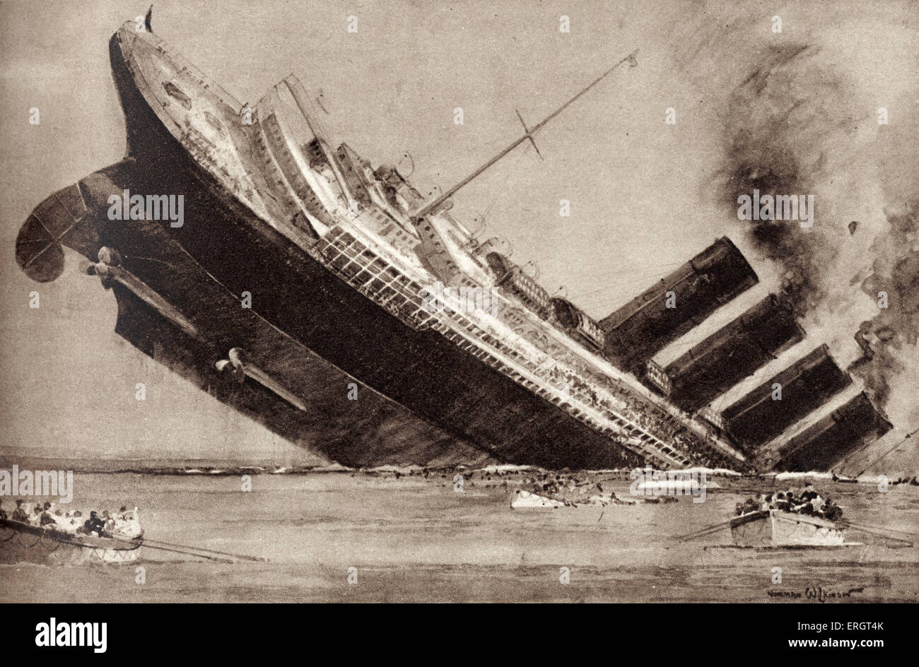 'The Sinking of the Lusitania' - illustration of the sinking of the American passenger liner by torpedo near south west Ireland Stock Photo