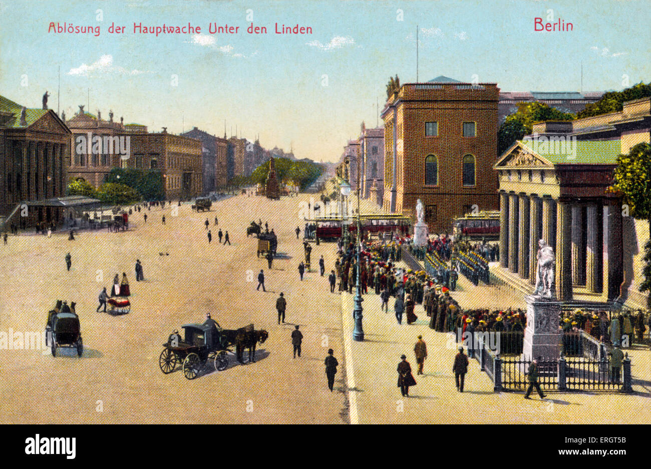 Berlin at the turn of the 20th century. Unter den Linden, and the Opera House to the right. Street scene. Painted photographic Stock Photo