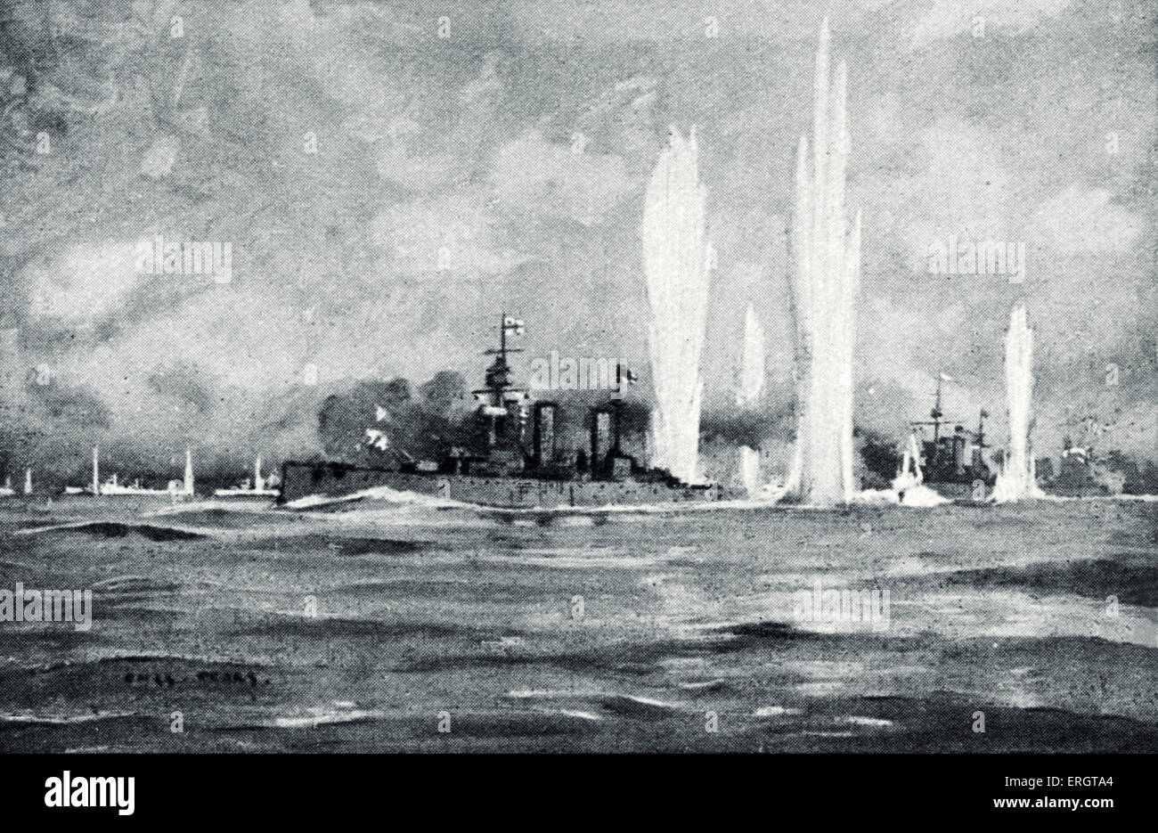 'Jutland' - illustration of the largest naval battle of World War I involving the British Navy and German Navy, 1916. sea. Stock Photo