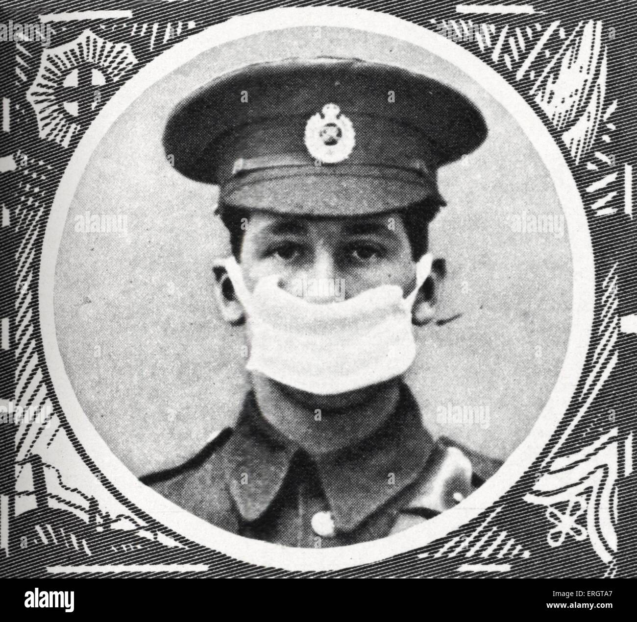 Man wearing a cotton wool pad respirator during World War I, April
