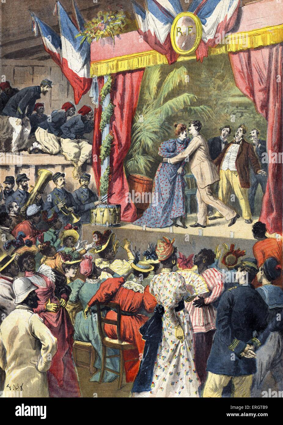 Theatrical performance on stage in Dakar.  'Théâtre de l'Infanterie Marine à Dakar'.  French colonial history: French marines Stock Photo
