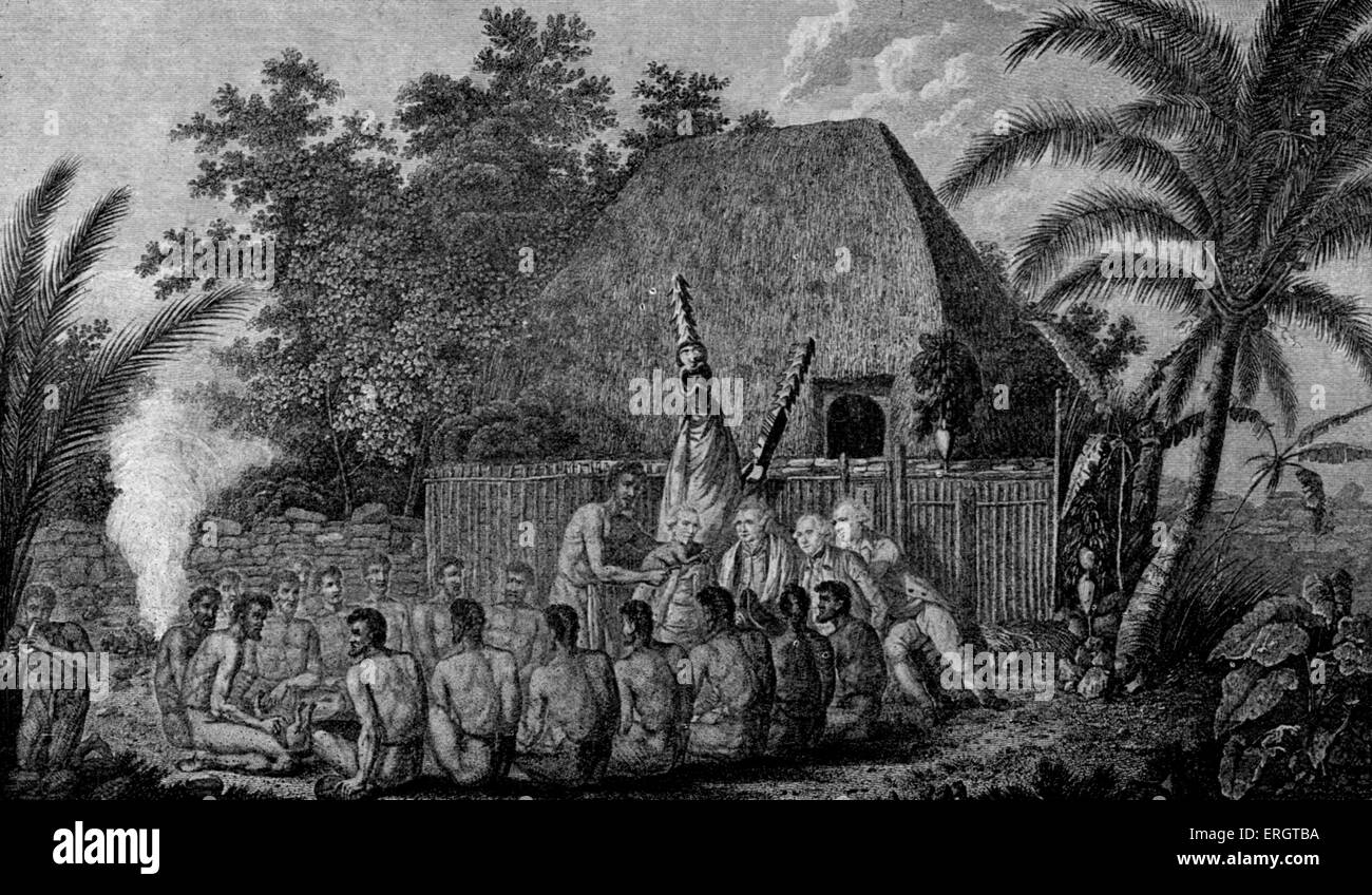Captain James Cook illustration of 'an offering before Captain Cook, in the Sandwich Islands
