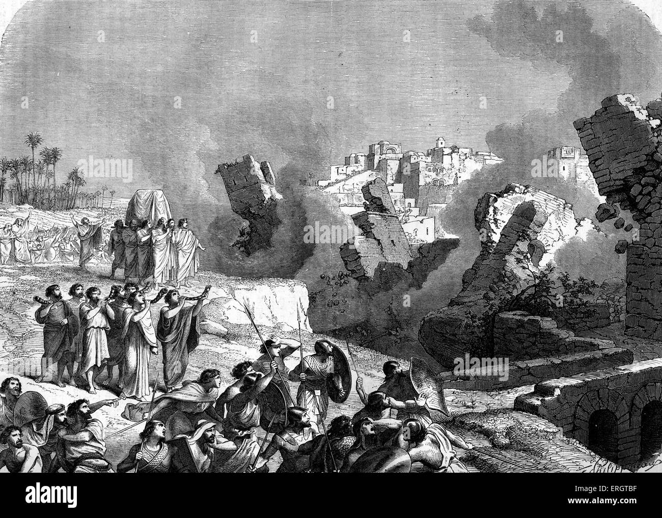 The walls of Jericho fall down in response to 7 ram's horns blown by